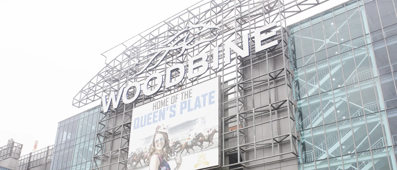 Close view of the Woodbine Racetrack grandstand facade