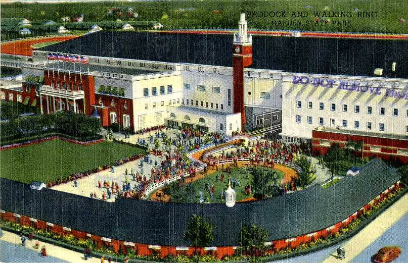 Vintage illustrated postcard of the paddock and walking ring at Garden State Park racetrack, an American track designed by the same architect as Woodbine